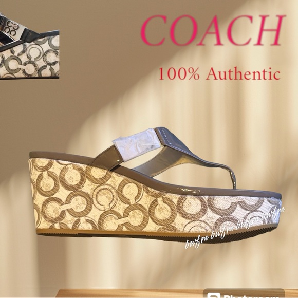 New Coach bright patent sandals wedge shoes mushroom color sz 8.5 - Picture 1 of 6